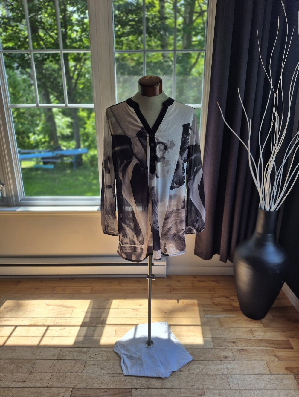 Sheer Black and White Abstract Button-Front Tunic